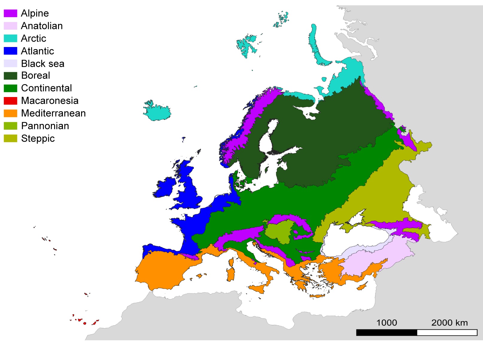 Outline map of Europe with different colours indicating the area covered by different biogeographical regions